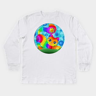 Adorable Kitty Stained Glass Design Pattern Kids Long Sleeve T-Shirt